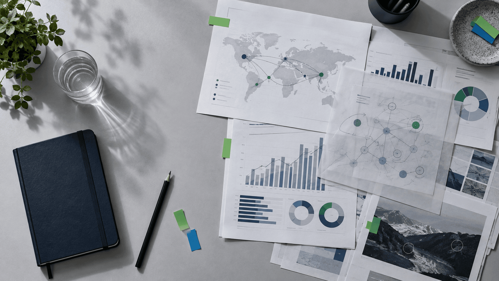 Anonymized charts and research notes on an analyst's desk