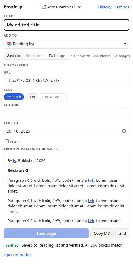 Proofclip popup showing a Reading list destination, editable tags, a content preview, and a verified save result